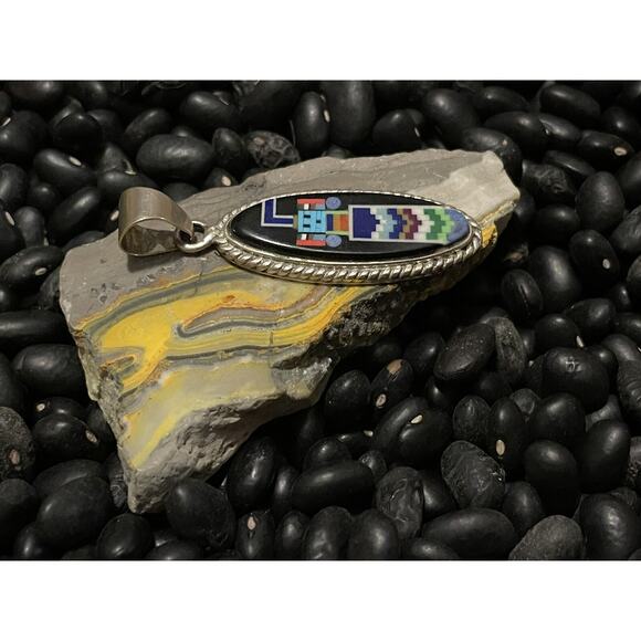 Native Sw Sterling Inlaid Galaxy Pendant Kachina Robot~Onyx Turquoise Lapis - Picture 2 of 6